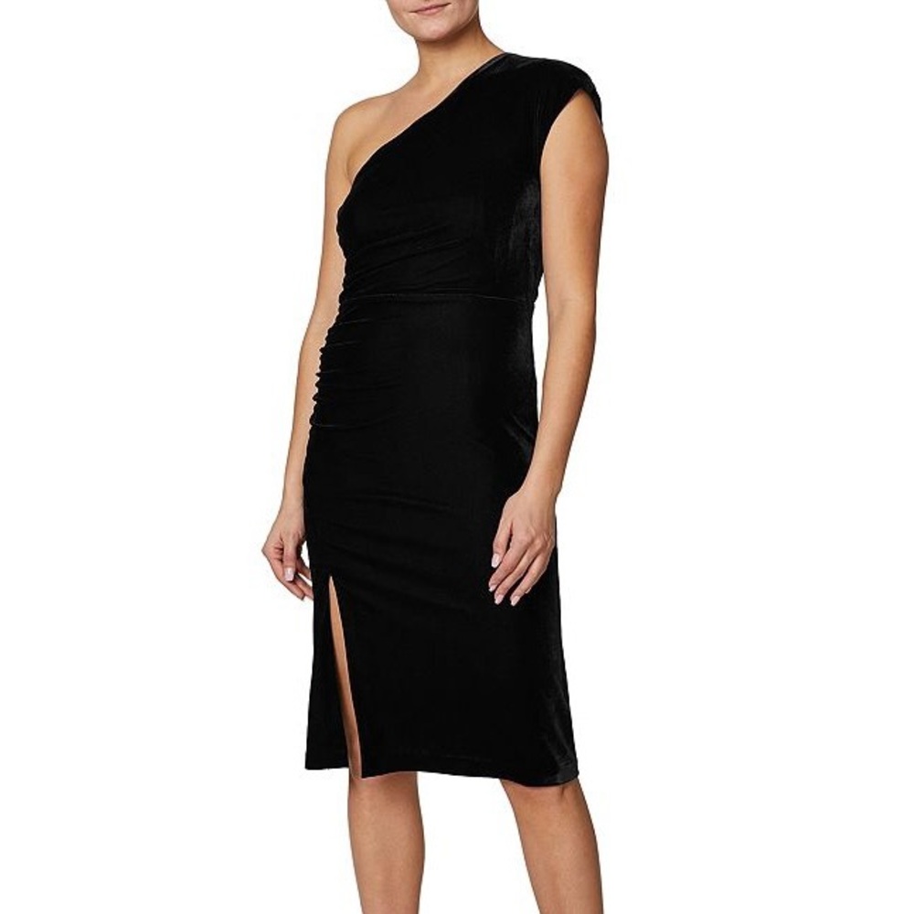 New Laundry by Shelli Segal One Shoulder Side Slit Gathered Dress Black Size 8